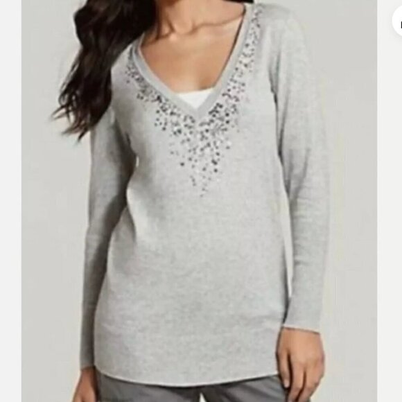 Eileen Fisher Sweater Medium Sequin V-Neck Organic Cotton Cashmere Pullover Gray - Picture 3 of 7